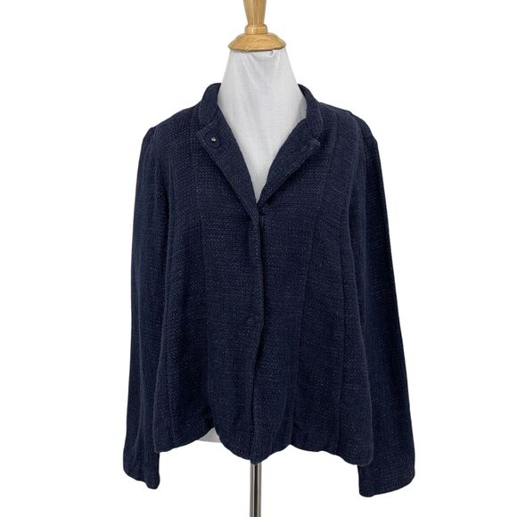 Eileen Fisher Blazer Womens Medium Navy Cotton Linen Blend Tweed Snap Buttons - Picture 1 of 11